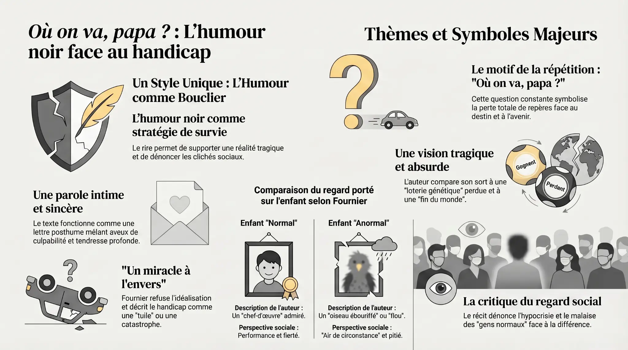 Infographie — Où on va, Papa ? : L'humour noir face au handicap, thèmes et symboles majeurs
